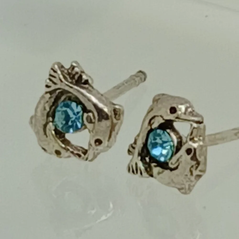 Sterling Silver 925 Dolphin Stud‎ Earrings Blue Crystal Nautical Vintage Jewelry